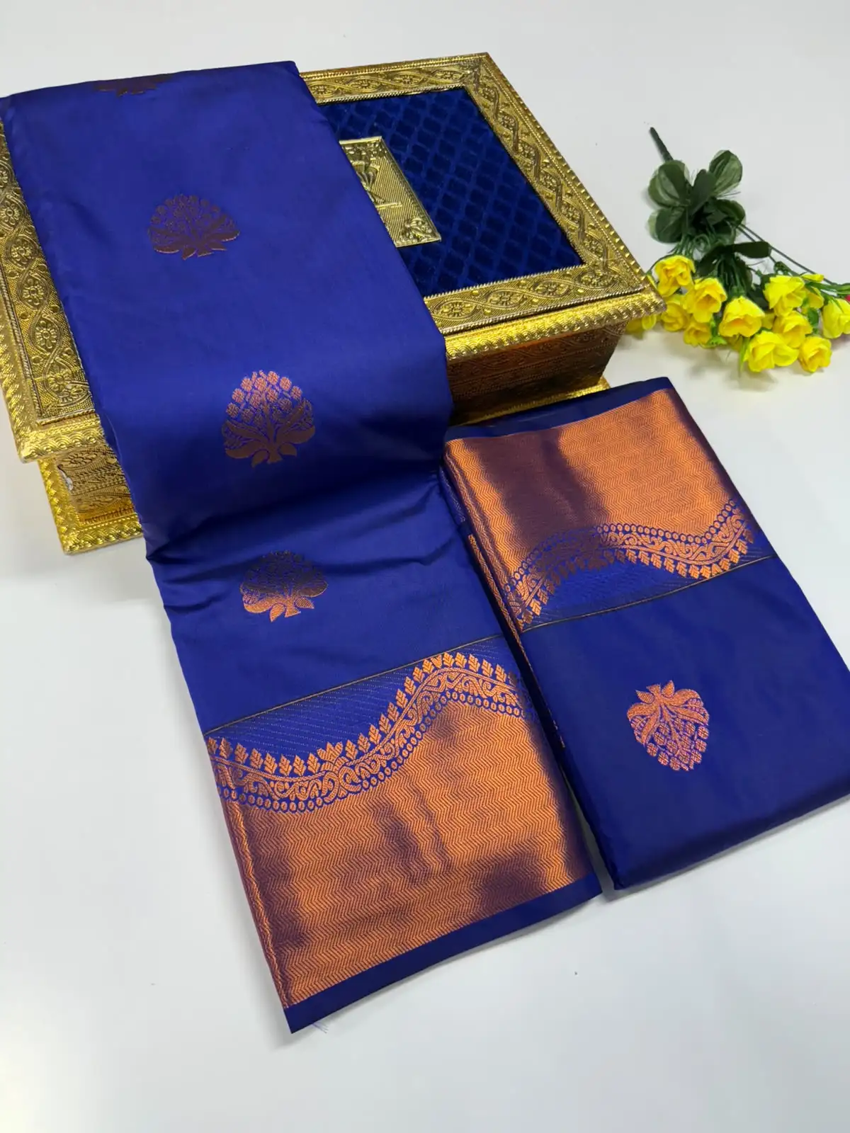 Copper Zari Floral Tree Butta Brocade Border Semi Kanchipuram Silk Saree